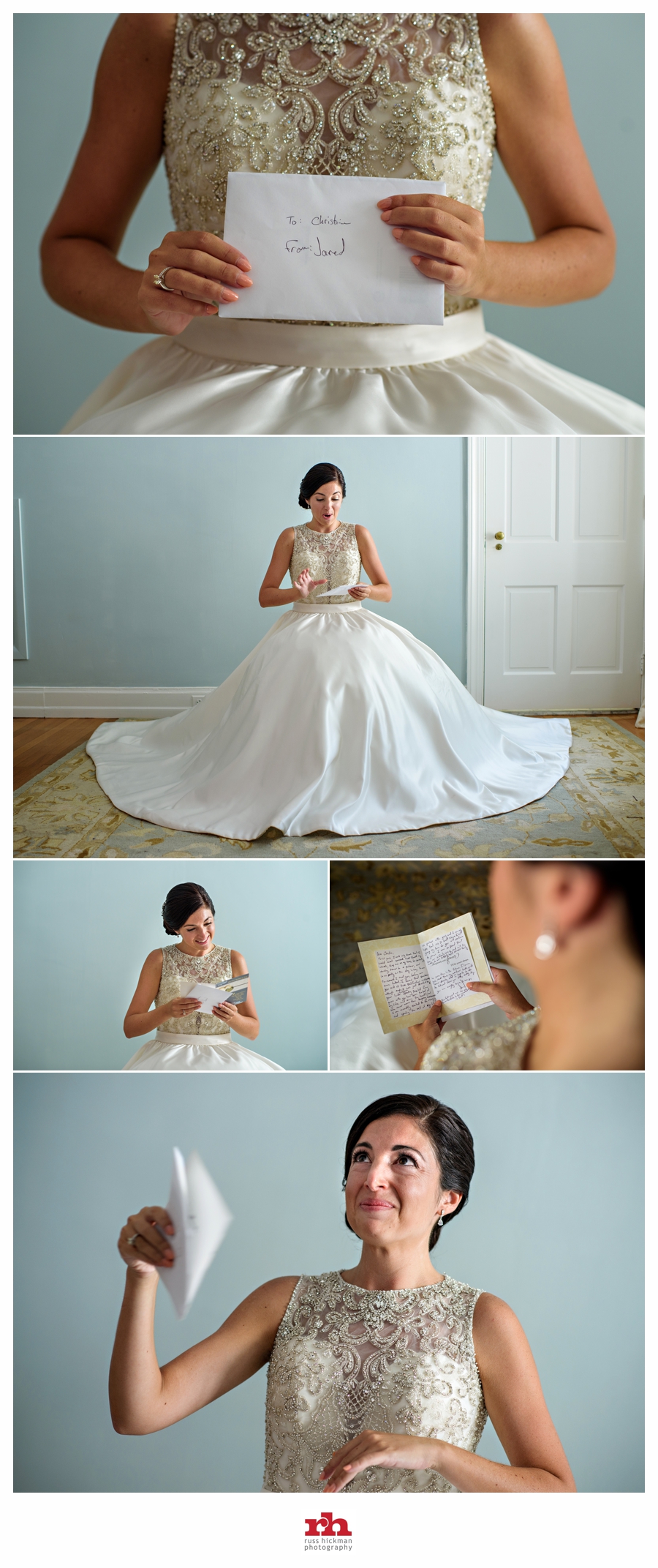 A bride reads the card from her Groom before the wedding and gets emotional.